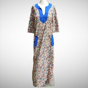 Floral Maxi Dress with Royal Blue Trim - Women's Maxi Dress